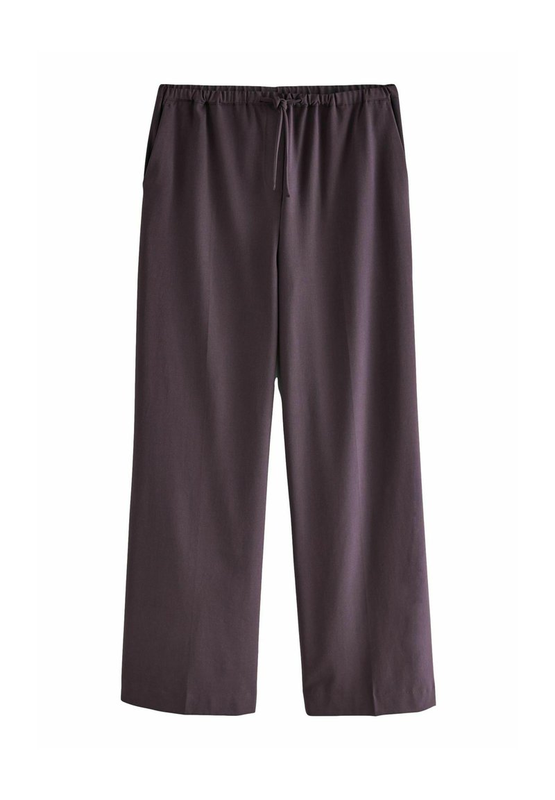 Pantaloni a gamba larga in un tessuto di colore viola scuro, caratterizzati da una vita elasticizzata con cordino regolabile e tasche laterali. Texture liscia e leggera.