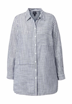 Langærmet skjorte med knapper, navyblå og hvide lodrette og vandrette striber, med krave og to påsyede lommer.