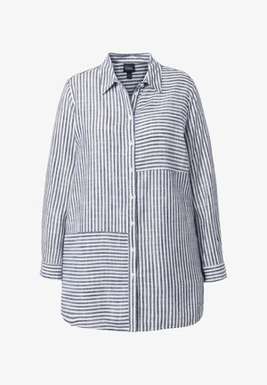 Langärmliges Hemd zum Knöpfen mit senkrechten und waagerechten Streifen in Marineblau und Weiß, mit Kragen und zwei aufgesetzten Taschen.