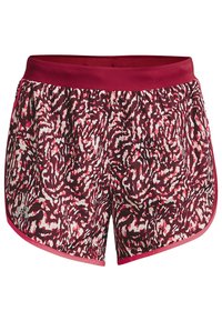Maroon och rosa mönstrade träningsshorts med en bred elastisk midjeband, rundad nederkant och sidospjäll för rörelsefrihet. Tillverkade av lätt, andningsbart tyg.