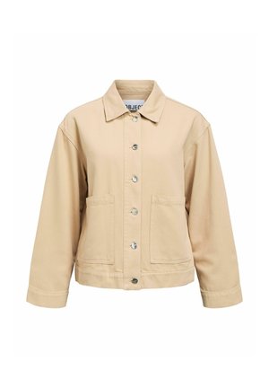 Beige cotton jacket with a button front, two front pockets, and a collared neck. Features loose fit and long sleeves.