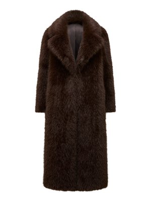 Palton din blană sintetică de culoare maro, de lungime până la genunchi, cu o guler lat și mâneci lungi. Textură moale, interior complet căptușit, fără închizători sau embellishementuri vizibile.