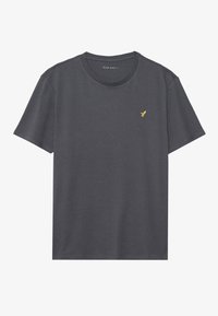 Tricou gri cu mânecă scurtă, confecționat dintr-un material moale, având un decolteu rotund și un mic logo cu o păsărică galbenă pe partea stângă a pieptului.