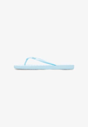 Light blue flip-flops with a flat sole, thin straps, and textured footbed. Simple design with no additional patterns or hardware details.