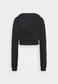 Sweat à capuche court noir avec taille et poignets élastiques, manches longues et capuche, vu de dos sur fond blanc.