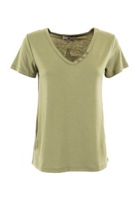 T-shirt olive vert à manches courtes avec un col en V et un détail de bouton sur un côté, présentant un motif étoilé subtil sur un fond plus clair.