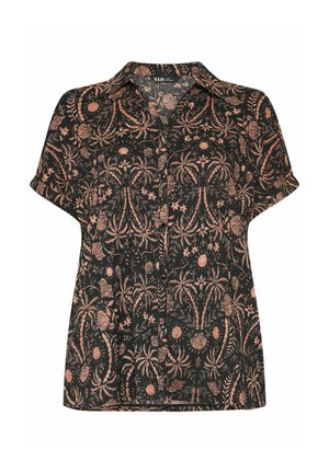 Musta lyhythihainen napsautettava paita, jossa on ruskea monimutkainen kukka- ja simpukkakuvio sekä klassinen kaulus.