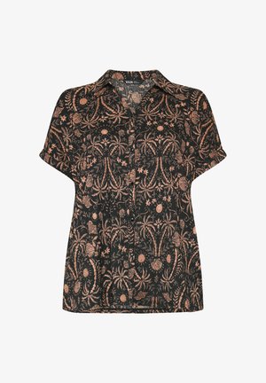 Sort kortærmet skjorte med knapper, udsmykket med brunt detaljeret blomster- og muslingemønster og klassisk krave.