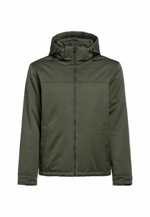 Oliwkowa kurtka z kapturem, dwoma bocznymi kieszeniami, przednim zamkiem błyskawicznym i fakturowanym wykończeniem. Zaprojektowana z myślą o ciepłocie i komforcie.