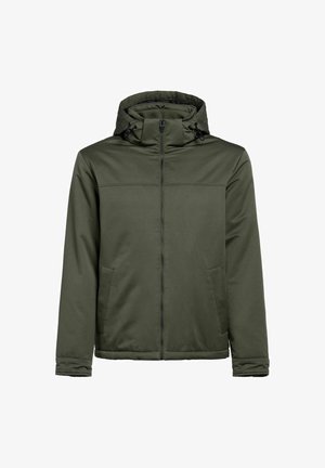 Oliwkowa kurtka z kapturem, dwoma bocznymi kieszeniami, przednim zamkiem błyskawicznym i fakturowanym wykończeniem. Zaprojektowana z myślą o ciepłocie i komforcie.