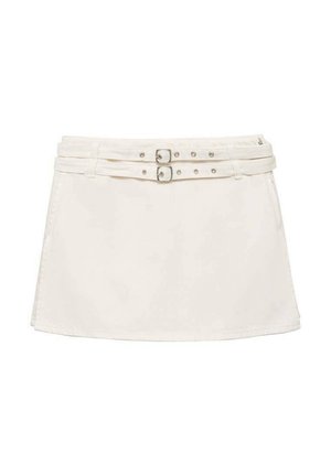 White denim mini skirt with a double-belted waist, featuring silver hardware and a flat, smooth texture. Simple, casual design.
