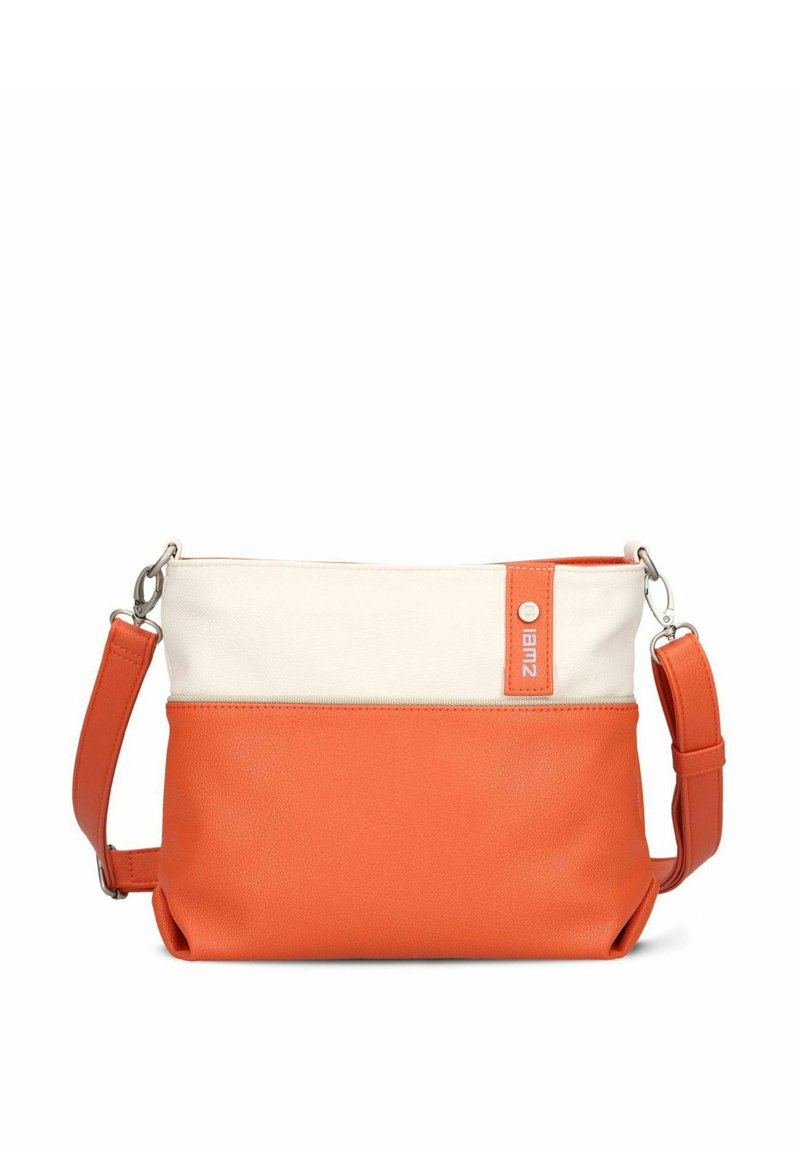 Zweifarbige Umhängetasche mit einem unteren Teil aus orangefarbenem Leder und einem oberen Teil aus cremefarbener Baumwolle, verstellbarer orangefarbener Riemen und kleinem Logo-Patch auf der oberen rechten Seite.