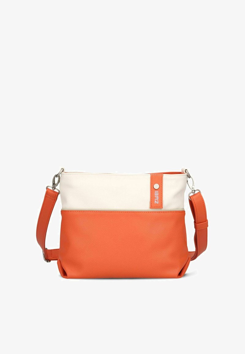 Borsa a tracolla bicolore con fondo in pelle arancione e parte superiore in tessuto crema, tracolla arancione regolabile e piccolo logo sulla parte alta destra.