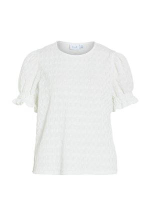 Weiße strukturierte Kurzarmbluse mit Puffärmeln und Rüschenmanschetten, mit rundem Ausschnitt und dezentem Muster.