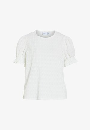 Valge tekstuuriga lühikeste varrukatega pluus volangidega varrukate ja volditud mansettidega, ringkaeluse ja peene mustriga.