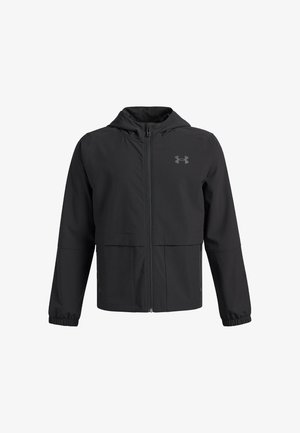 Black zip-up jacket with a hood, featuring a smooth, lightweight fabric, elastic cuffs, and side pockets. Under Armour logo on the chest.