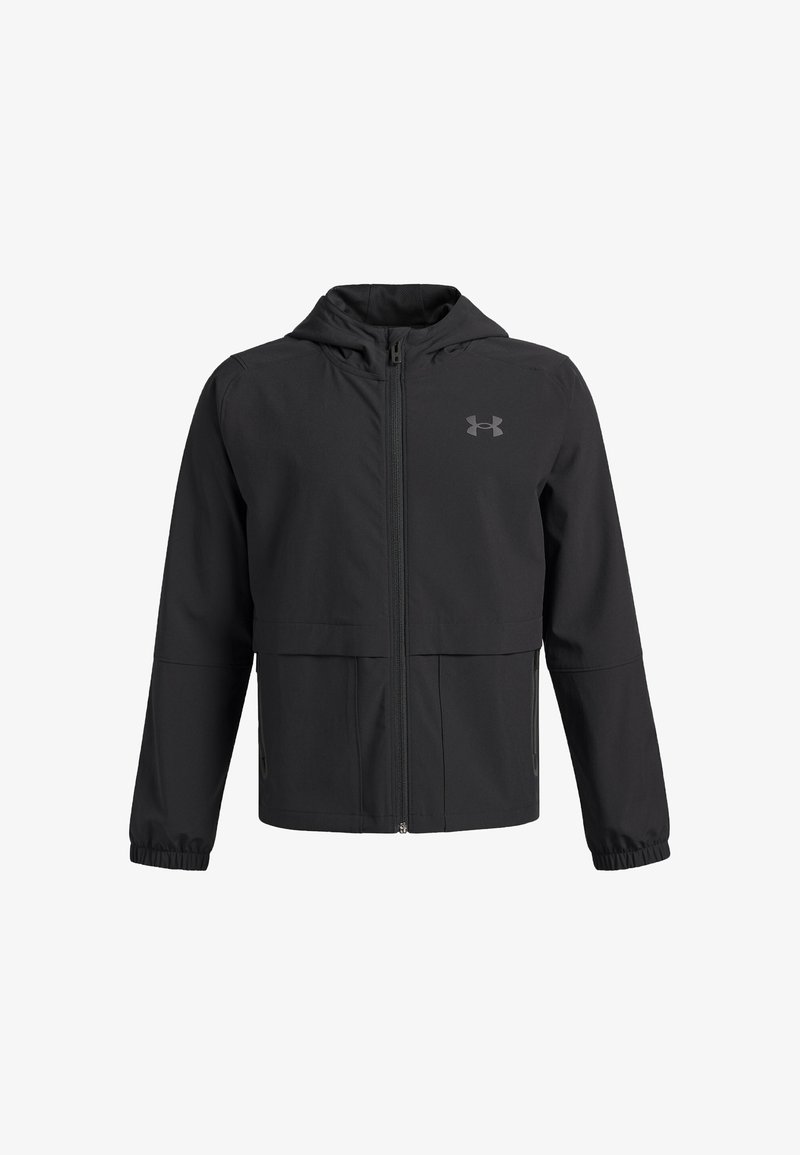 Chaqueta negra con cremallera y capucha, con tejido liso y ligero, puños elásticos y bolsillos laterales. Logo de Under Armour en el pecho.
