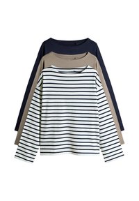 Tres camisas de manga larga apiladas: azul marino, beige y blanca con rayas azul marino. Cada una tiene un cuello redondeado y una tela suave y texturizada.