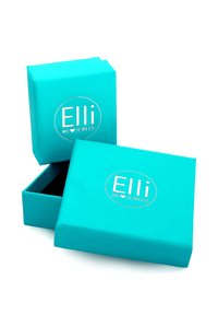 Turkis smykkeskrin med en glansfuld overflade, prydet med en hvid logo "Elli WE ♥ JEWELS." Én boks er åben og viser et sort interiør.