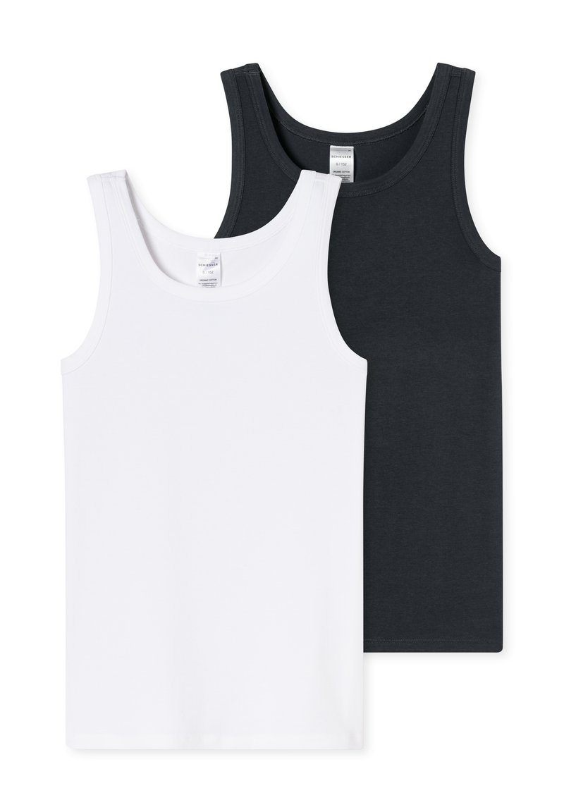 Two tank tops: one white and one dark gray. Both have a round neckline, wide shoulder straps, and a soft, smooth cotton texture.