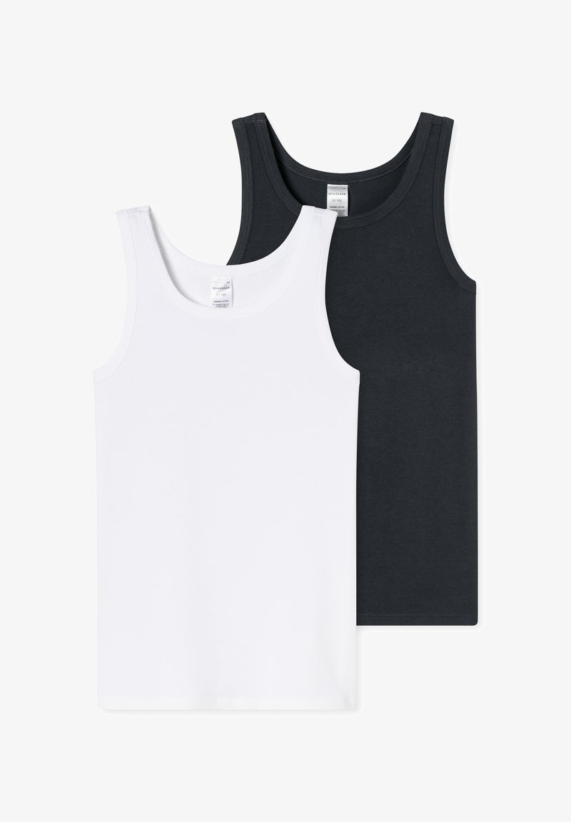 Two tank tops: one white and one dark gray. Both have a round neckline, wide shoulder straps, and a soft, smooth cotton texture.