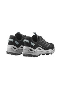 Scarpe da hiking nere con tomaia in mesh, accenti grigi, suola robusta e linguette per una facile calzata. Progettate per resistenza e aderenza.