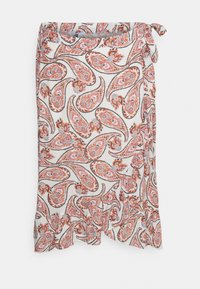 Paisley-mönstrad omslagskjol i lätt tyg med rost, orange och blåa mönster. Har en knytning i midjan och en volangkant.