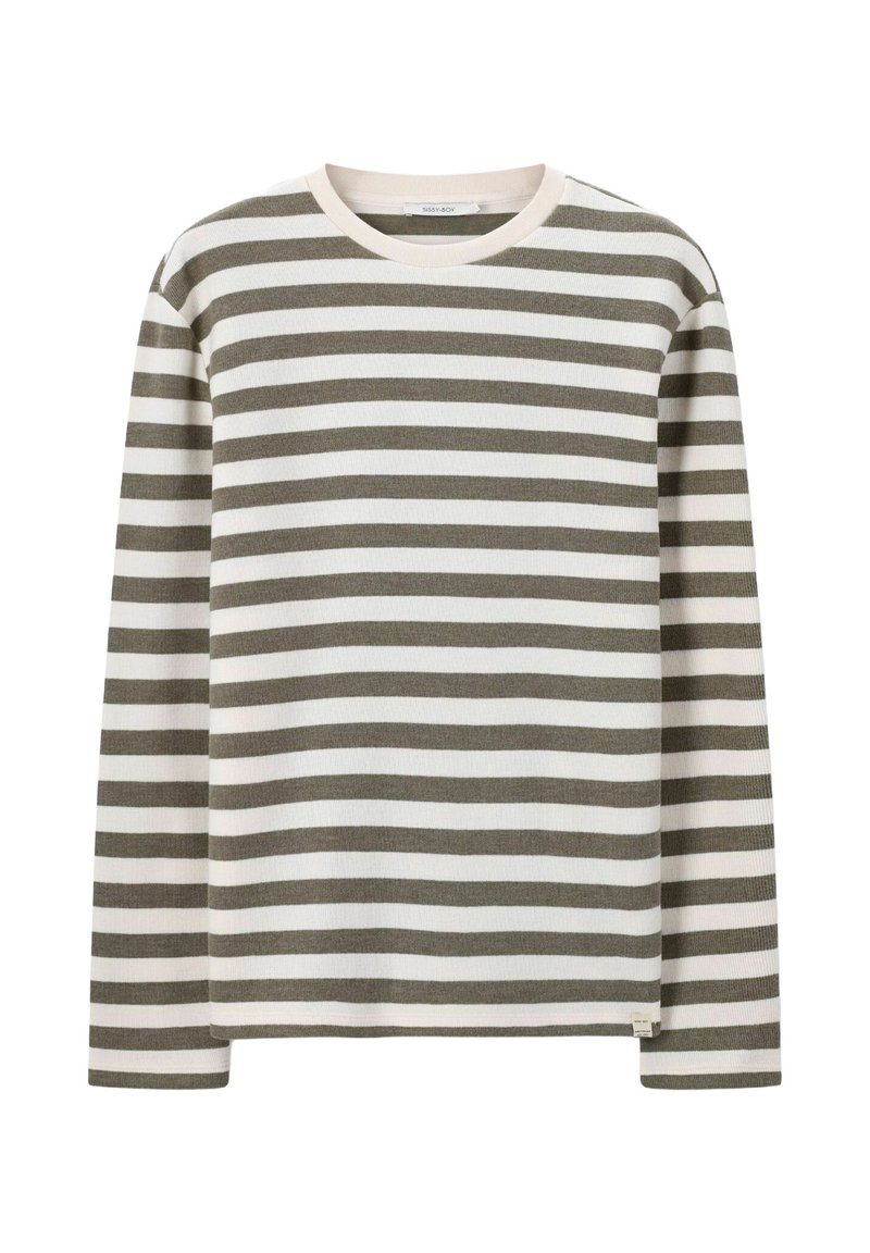 Chemise à manches longues rayée en vert olive et blanc, avec un col rond et un tissu doux et texturé, dotée d'un ourlet droit.