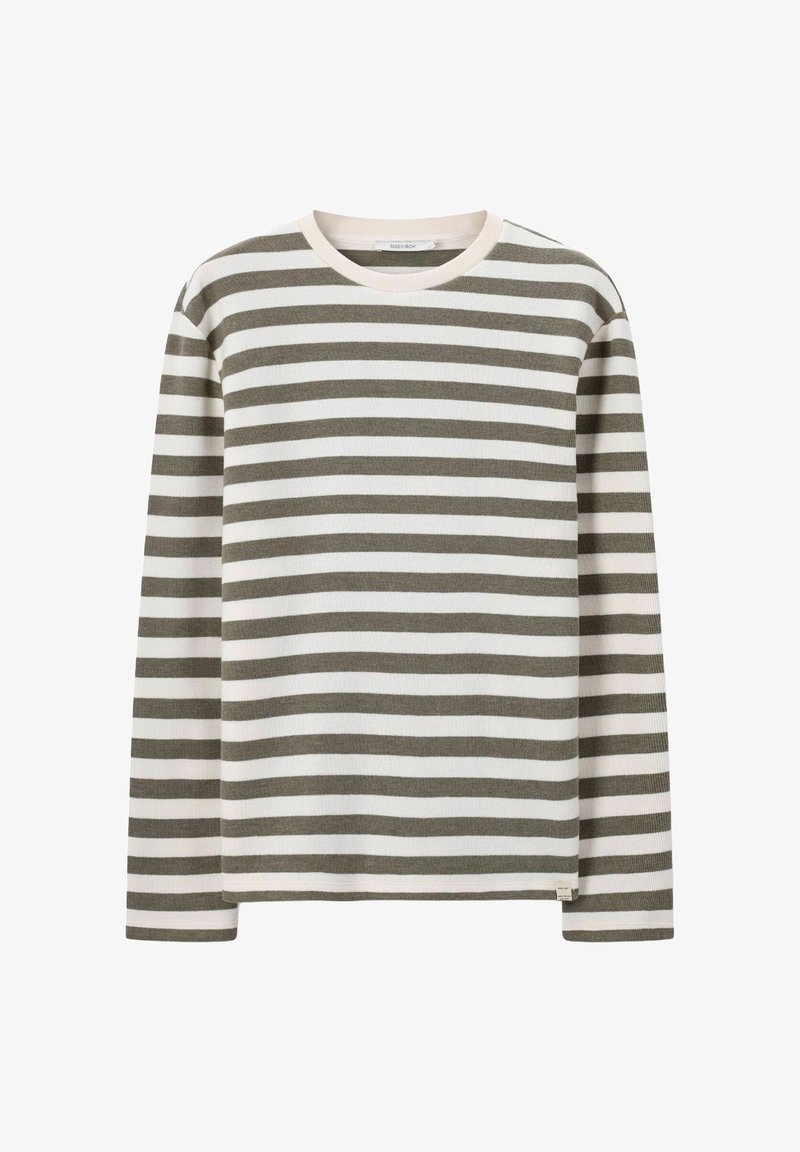 Chemise à manches longues rayée en vert olive et blanc, avec un col rond et un tissu doux et texturé, dotée d'un ourlet droit.