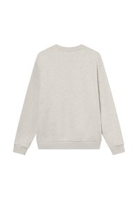 Šviesiai pilkas medvilnės džemperis su apvaliu kaklu, ilgomis rankovėmis ir įriboju rankogaliais. Paprastas dizainas, be raštų ar ryškių akcentų.