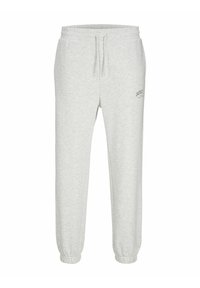Pantaloni tuta grigio chiaro con vita ed elastici alle caviglie. Presenta un piccolo logo nero sul lato. Realizzati in un tessuto morbido e testurizzato.