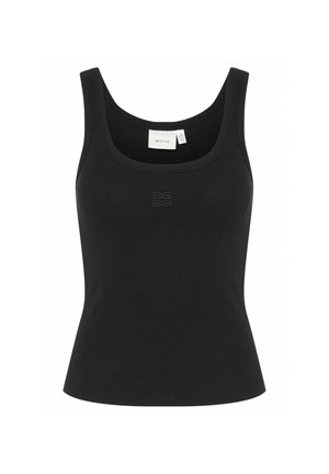 Top negru fără mâneci fabricat dintr-un material ribflat, având un gât rotund și o formă ajustată. Design simplu cu un logo subtil pe față.