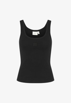 Top negru fără mâneci fabricat dintr-un material ribflat, având un gât rotund și o formă ajustată. Design simplu cu un logo subtil pe față.