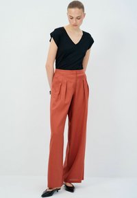 Zwarte V-hals top met korte mouwen, gecombineerd met roestkleurige wijde broek met voorplooien. Zwarte punten schoenen.