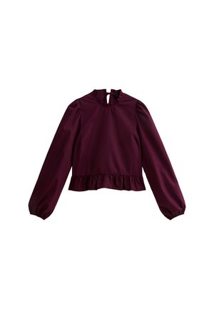 Long-sleeve dark purple blouse with ruffled collar and hem, featuring a keyhole button closure at the back neckline.