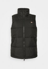 Gilet matelassé sans manches noir avec col montant, fermeture éclair à l'avant, deux poches latérales et petit patch logo sur la poitrine.