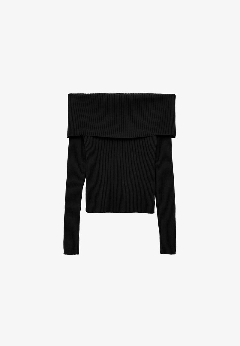 Haut en tricot côtelé noir, décolleté bardot, avec des manches longues et un col plié. Design ajusté avec un motif texturé sur toute la surface.