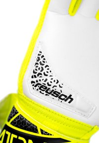 Guanto da portiere bianco con accenti giallo neon, caratterizzato da pattern texturizzati, dettaglio del logo nero e un'area del polso rinforzata per supporto.