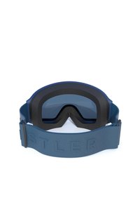 Skidglasögon med en mörkblå ram, svarta linser och ett strukturerat blått band med en präglad logotyp. Designade för hållbarhet och komfort.