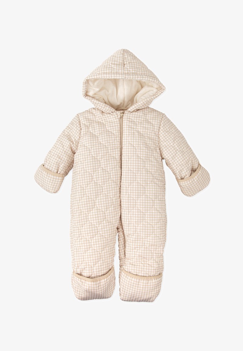 Monosastre acolchado en un patrón de cuadros beige claro, con capucha, cierre de cremallera y puños doblados para mayor calidez y comodidad.