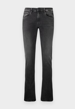Black denim jeans with a straight fit, five pockets, contrasting stitching, and subtle whiskering on the front. Features a button and zip closure.