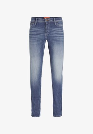 Šviesiai mėlynos džinsai su siauru siluetu, turintys subtilų išblukimo raštą, standartinį penkių kišenių stilių ir kontrastinę siuvimo liniją.