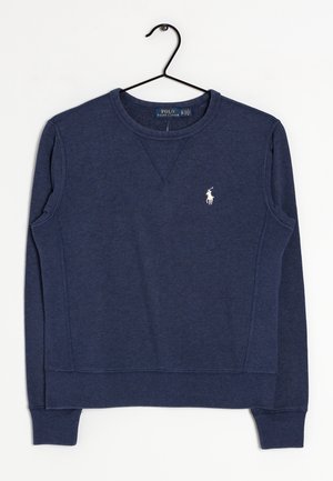 Sweatshirt bleu marine en tissu mélangé de coton, avec un col rond, des poignets et un ourlet côtelés, et un petit logo blanc sur la poitrine.