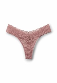 Koronkowy string w kolorze brudnego różu, z kwiatowymi wzorami, falbaniastymi brzegami i przezroczystym materiałem, tworzącym delikatny wygląd w minimalistycznym stylu.