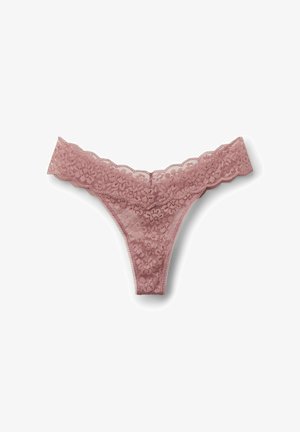 Spitzenstring in staubigem Rosa, mit floralen Mustern, gewellten Kanten und transparentem Stoff für einen zarten Look mit einem minimalistischen Design.