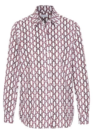 Camisa blanca de manga larga con patrón geométrico rectangular en colores negro, marrón y granate.