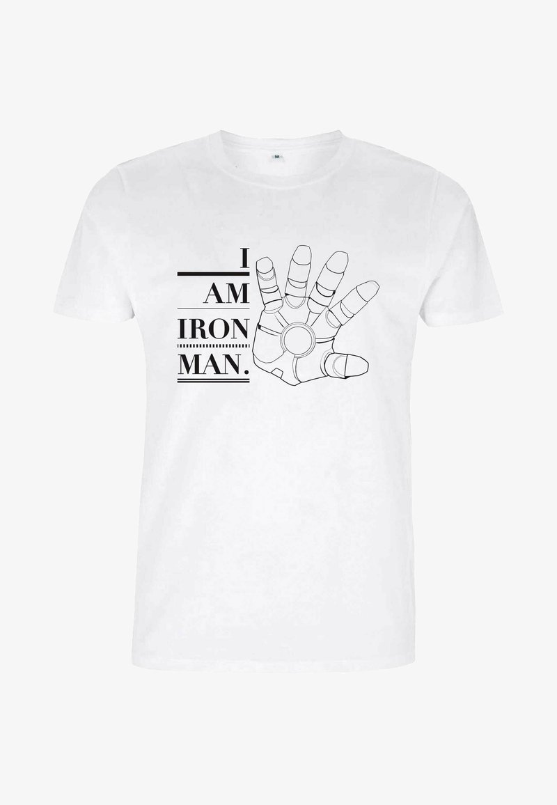 Maglietta bianca con una grafica nera di una mano e la scritta "IO SONO IRON MAN" in un carattere sans-serif in grassetto.