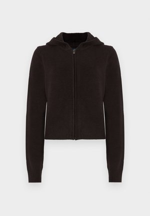 Hoodie en tricot noir dézippé avec manches longues et poignets et ourlet côtelés, présenté sur un fond blanc.