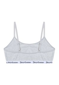 Bralette grigia in cotone con spalline regolabili e fascia elastica che presenta la scritta "Juicy Couture" in lettere nere. Design semplice, senza imbottitura.