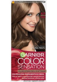 Scatola di tintura per capelli Garnier Color Sensation con tonalità biondo scuro (6.0), con affermazioni di colore duraturo e copertura al 100% dei capelli grigi.